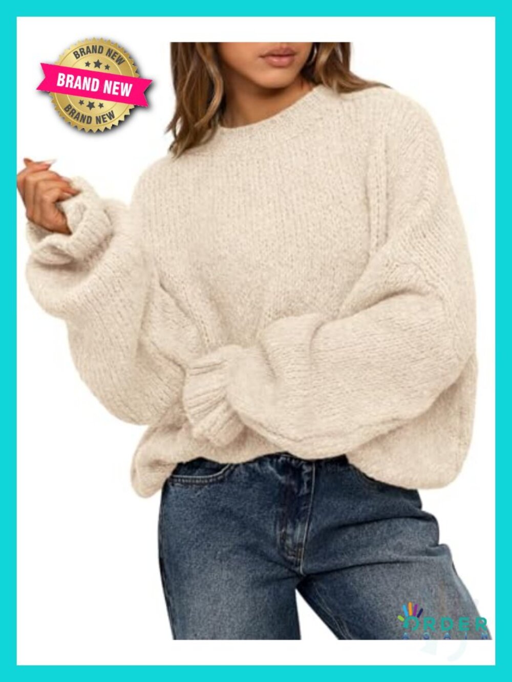 Oversized Chunky Knit Sweater Lantern Sleeve Crew Neck Pullover